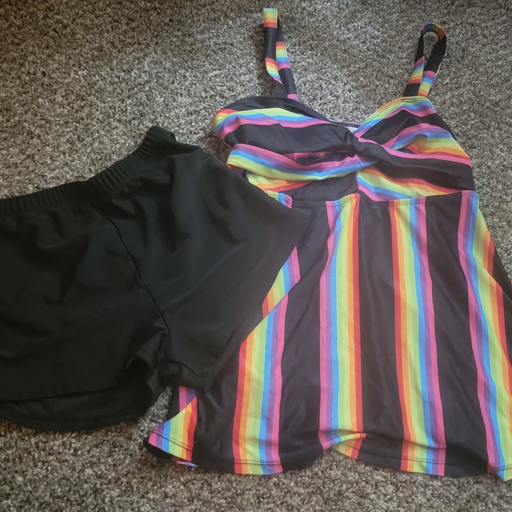☆•Noracora Rainbow Top Black Bottom Tankini •Size:Large •☆